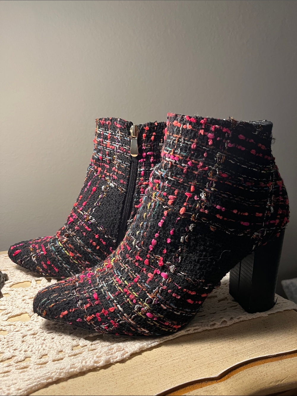 Black Tweed Ankle Booties with Pink Multi-Thread Detail size 7.5